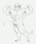 abs anthro armpit_hair balls barazoku basil_(papyreit) biceps big_muscles blush bodily_fluids body_hair bone butt cum cumshot demon ejaculation embarrassed erection feet flexing flexing_bicep genital_fluids genitals glowing glowing_eyes hi_res horn huge_muscles male muscular muscular_anthro muscular_male nipples papyreit pecs penis pose pubes skull small_balls small_penis solo tail tail_tuft tuft