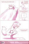 absurd_res adolescent anthro aogami bed canid canine chirmaya colored_line_art comic english_text female fox furniture gown hi_res kemono mammal monochrome pink_and_white pink_shading red_line_art shaded shaded_line_art sleeping solo sweeping text young young_anthro young_female