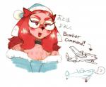 aircraft anthro avro_lancaster canid canine canis chest_tuft choker clothed clothing cute_fangs domestic_dog exclamation_point eyewear female fur glasses hair hat headgear headwear hideki_kaneda japanese_text jewelry mammal necklace nightcap open_mouth pink_body pink_fur red_eyes red_hair simple_background solo spitfire_(hideki_kaneda) supermarine_spitfire text tuft vehicle white_background