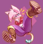 2023 absurd_res anthro boots bottomwear breasts chest_tuft cleavage clothed clothing emanata female footwear fur hair hi_res jamoart looking_at_viewer mammal mathilda_(jamoart) midriff mouse murid murine navel pants pink_body pink_eyes pink_fur pink_hair rodent shirt shoes solo tied_shirt topwear tuft