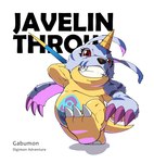 animal_skin anthro bandai_namco belly belly_markings clenched_teeth digimon digimon_(species) fur gabumon horn javelin male markings op7804620 red_eyes slightly_chubby solo striped_body striped_fur stripes teeth throwing