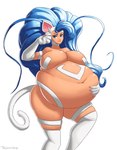 2018 animal_humanoid belly big_belly big_breasts big_hair biped blue_hair breasts capcom cat_humanoid claws darkstalkers featureless_breasts felicia_(darkstalkers) felid felid_humanoid feline feline_humanoid female hair hi_res holding_belly huge_belly humanoid long_hair looking_at_viewer mammal mammal_humanoid navel overweight overweight_female overweight_humanoid portrait signature simple_background solo standing tail thick_thighs thickerwasp three-quarter_portrait white_background