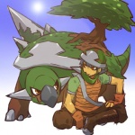 1:1 ambiguous_gender armor boots bottomwear clothed clothing cosplay duo feral footwear fully_clothed generation_4_pokemon grey_hair hair headgear helmet hitec human male mammal nintendo orange_eyes pants plant pokemon pokemon_(species) pokemon_trainer quadruped shoes tail torterra tree wood