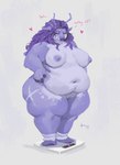 2022 absurd_res anthro areola deep_navel deer dialogue digital_media_(artwork) digital_painting_(artwork) female full-length_portrait fur genitals hair hand_on_hip heart_symbol hi_res huge_thighs mammal navel nipples obese obese_anthro obese_female overweight overweight_anthro overweight_female pineconedraws poppy_(pineconedraws) portrait purple_areola purple_body purple_eyes purple_fur purple_hair purple_nipples pussy simple_background solo standing text thick_thighs weighing_scale white_background wide_hips