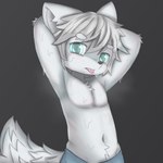 1:1 absurd_res anthro arctic_fox armpit_fetish blue_bottomwear blue_clothing blue_eyes blue_pants blush bodily_fluids bottomwear canid canine clothing fox fur hi_res kemono lonelywolfyboi male mammal navel pants shaded solo sweat tongue tongue_out true_fox white_body white_fur