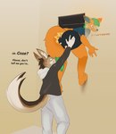 absurd_res anthro butt canid canine canis casey_(dmb) clothed clothing dialogue duo english_text fart fur green_hair hair hand_on_butt harley_(dmb) hi_res holding_partner hybrid imminent_fart jackal lichee male male/male mammal mephitid multicolored_body multicolored_fur orange_body orange_fur pushing skunk text wolf