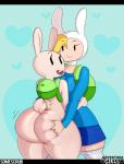 adventure_time anthro big_breasts big_butt blonde_hair bottomless breasts buckteeth butt butt_grab cartoon_network clothed clothing duo female female/female fionna_the_human fur hair hand_on_butt hi_res huge_butt human lagomorph legwear leporid looking_back mammal open_mouth other_fionna rabbit scut_tail short_tail simple_background smile somescrub stockings tail teeth thick_thighs tongue white_body white_fur wide_hips