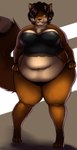 2015 4_toes anthro barefoot belly big_tail black_hair breasts canid canine clenched_teeth clothed clothing feet female fox hair hi_res holding_string lingerie mammal navel obese obese_anthro obese_female orange_body orange_eyes overweight overweight_anthro overweight_female panties partially_clothed pewbutt pinup pose simple_background solo standing tail teeth toes underwear wide_hips