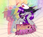 album_cover ambiguous_gender anthro blush bodily_fluids bunkoo canid canine canis clothed clothing colorful_background colorful_theme cover fur grey_body grey_fur hair halley_labs happy hi_res intersex jack_(neojack) jackal male mammal nurse_clothing open_mouth purple_eyes purple_hair smile solo sparkles tears text