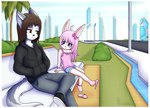 absurd_res age_difference anthro clothing dream_mirage duo fei_(hyperion) female footwear hi_res lagomorph leporid male mammal nexus_(species) outside rabbit sandals shoes the_neon_city young