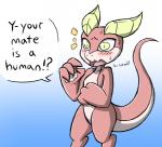 anthro blush bodily_fluids dialogue english_text female gradient_background horn kobold rakkuguy scalie simple_background solo speech_bubble sweat text yellow_eyes zi-tei