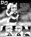 2017 anthro bodily_fluids bottomwear breasts butt canid canine chair clothing comic duo english_text female fox furniture hair hi_res if_hell_had_a_taste jewelry mammal midriff monochrome navel necklace open_mouth owl_(viroveteruscy) ponytail sitting skirt sweat text tiffany_brewwer topwear two_panel_image viroveteruscy