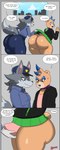 2023 absurd_res anthro anthro_on_anthro bear big_butt blue_lipstick butt canid canine canis cherryfox73 clothed clothing colored comic crossdressing dialogue duo english_text femboy hi_res huge_butt lipstick makeup male male/male mammal milo_(cherryfox73) profanity text thick_thighs wolf