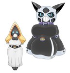 belt big_breasts black_body black_clothing black_eyes black_horn blue_eyes blue_sclera bottomwear breasts clothed clothing collar duo female generation_3_pokemon glalie hi_res horn huge_breasts humanoid legless nintendo not_furry pokeball pokemon pokemon_(species) shirt simple_background skirt snorunt teeth topwear urusee584 white_background white_clothing