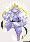 abs anthro asian_clothing belt big_muscles clothed clothing east_asian_clothing etezarumonkey fundoshi fundoshi_only generation_1_pokemon hi_res japanese_clothing looking_at_viewer machoke male muscular nintendo pokemon pokemon_(species) scales smile solo topless underwear underwear_only