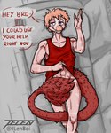 2024 5:6 5_fingers abs absurd_res anthro artist_name athletic athletic_anthro athletic_male biped blush bottomless bottomless_anthro bottomless_male clothed clothing clothing_lift colored convenient_censorship dialogue dinosaur dromaeosaurid drugs english_text eyebrows feathered_tail feathers fingers furniture goodbye_volcano_high hair half-closed_eyes hi_res high-angle_view humanoid_hands inside inviting jelentheslav long_tail looking_at_viewer lying male marijuana marijuana_blunt markings narrowed_eyes object_in_mouth on_back orange_hair pillow pink_body pink_scales prehistoric_species purple_eyes raised_inner_eyebrows red_body red_clothing red_feathers red_shirt red_tank_top red_topwear reed_(gvh) reptile scales scalie shirt shirt_lift short_hair smile sofa solo striped_markings stripes suggestive tail talking_to_viewer tank_top text theropod topwear velociraptor