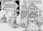 2024 anthro blush cleavage_cutout comic cutout dialogue domestic_cat duo emmacat64 english_text felid feline felis female fox_spirit greyscale kitkat_(emmacat64) kneeling mammal monochrome shinto_shrine shrine_maiden text