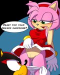 amy_rose anthro black_body black_fur blush bodily_fluids breasts clothed clothing dialogue duo english_text eulipotyphlan female flirting fur genital_fluids gloves hair handwear hedgehog hi_res male male/female mammal nipple_outline panties panties_down partially_clothed pink_body pink_fur pink_hair sega shadow_the_hedgehog sonic_the_hedgehog_(series) text underwear underwear_down vaginal_fluids zero95