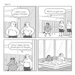 1:1 2023 anthro belly bottomwear canid canine canis clothing comic detailed_background dialogue domestic_dog duo english_text hi_res hot_tub inside locker_room lukehealy male mammal moobs nipples overweight overweight_male shorts sitting text