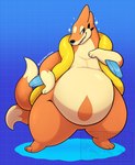 2023 2_tails ambiguous_gender arm_fins belly big_belly featureless_crotch feral fin floatzel flotation_sac fur generation_4_pokemon hand_on_hip hi_res huge_hips huge_thighs multi_tail nintendo obese orange_body orange_fur oreocakes overweight pattern_background pokemon pokemon_(species) pose sharp_teeth simple_background solo sparkles standee standing tail tan_body tan_fur teeth thick_thighs watermark wide_hips