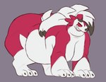 2024 all_fours ambiguous_gender black_nose breasts claws feet feral fur generation_7_pokemon hair hi_res lycanroc midnight_lycanroc multicolored_body multicolored_fur nintendo obese overweight pokemon pokemon_(species) red_eyes sharp_teeth simple_background smile solo teeth toe_claws toes white_hair xxthegreyfoxxx