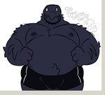 anthro black_body black_fur blush blush_lines boxers_(clothing) boxers_only clothed clothing fur hands_on_belly juanchodrilo male monster_(geometry_dash) nipples overweight overweight_anthro overweight_male solo text topless underwear underwear_only