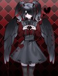 2_horns abstract_background accessory alternative_fashion ame-chan angel angel_humanoid black_clothing black_dress black_hair black_horn black_wings bow_ribbon bow_tie clothing dark_theme demon demon_humanoid dress dripping fallen_angel feathered_wings feathers female furgonomics furry-specific_piercing gesture goth gothic_lolita hair hair_accessory hair_bow hair_over_eye hair_ribbon hand_heart hi_res horn horned_humanoid humanoid hybrid j-fashion jirai_kei legwear lolita_(fashion) mokiette needy_streamer_overload not_furry one_eye_obstructed overall_dress piercing pigtails red_blouse ribbons solo standing twin_bows twin_hair_bows unavailable_at_source victorian_goth wing_piercing winged_humanoid wings