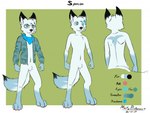 anthro black_ears black_nose black_tail blue_clothing blue_eyes blue_jacket blue_kerchief blue_markings blue_neckerchief blue_tail blue_topwear border bottomless canid clothed clothing crotch_tuft dipstick_ears dipstick_tail ear_markings front_view fur gloves_(marking) green_background jacket kerchief leg_markings male mammal markings martinballamore model_sheet mouth_closed multicolored_ears neckerchief neckwear no_pupils nude open_clothing open_jacket open_topwear rear_view simple_background socks_(marking) solo standing tail tail_markings topwear tuft white_body white_border white_ears white_fur white_tail