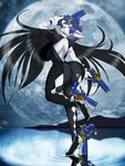 2022 3:4 anthro bayonetta bayonetta_(character) big_breasts black_clothing black_dress blue_eyes blue_hair breasts canid clothing cosplay costume crossgender dracojeff dress ear_piercing female footwear fur gun guns_akimbo hair high_heels holding_gun holding_object holding_ranged_weapon holding_weapon looking_back mammal moon mtf_crossgender on_one_leg open_mouth piercing platinumgames pose ranged_weapon shoes small_waist solo standing thick_thighs water weapon white_body white_fur