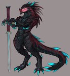 anthro bai_(laobai) claws dragon hi_res horn laobai looking_aside male melee_weapon muscular mythological_creature mythological_scalie mythology scalie solo standing sword weapon