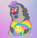 2017 anthro artist_name atari_(chotpot) blue_ears blue_tongue bodily_fluids cheek_tuft chotpot clothing colored dated digital_drawing_(artwork) digital_media_(artwork) eyebrows facial_piercing facial_tuft fangs fur gradient_background grey_body grey_fur hair haplorhine lip_piercing looking_aside male mammal mandrill monkey multicolored_body multicolored_clothing multicolored_eyes multicolored_fur multicolored_shirt multicolored_t-shirt multicolored_topwear neck_tuft nervous_sweat nose_piercing old_world_monkey piercing pink_eyes pink_nose primate purple_eyebrows purple_hair shirt short_hair simple_background smiley_face solo standing sweat sweatdrop t-shirt teeth tie-dye tie-dye_shirt tongue topwear tuft yellow_eyes