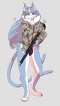 2023 4_toes 5_fingers anthro army_uniform black_nose blue_body blue_fur blue_hair claws clothed clothing domestic_cat feet felid feline felis female fingers fur grey_background gun hair heterochromia hi_res hk416 inner_ear_fluff japan_air_self-defense_force kemono looking_at_viewer male_(lore) mammal murzikteijiro omaneko_(jasdf) paws ranged_weapon rifle simple_background solo toe_claws toes tuft weapon white_body white_fur