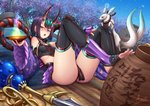 adsouto asian_mythology assassin_shuten-douji breasts butt clothing demon detailed_background duo east_asian_mythology fate_(series) female hair hi_res horn humanoid japanese_mythology looking_at_viewer mythology not_furry oni purple_eyes purple_hair short_hair small_breasts type-moon yokai