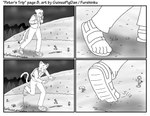 2016 5_fingers 5_toes anthro backpack black_and_white bottomwear climbing clothing cloud comic debris domestic_cat english_text feet felid feline felis fingers foot_focus footprint footwear four_frame_image fur furshinku hill hillside humanoid_feet humanoid_hands long_tail looking_away looking_back looking_up losing_balance male mammal monochrome pants peter_(furshinku) plant plantigrade pointy_ears prick_ears sandals shirt shoes slipping solo sprout_(plant) striped_body striped_fur stripes tail text toes topwear trail tree tripping walking weeds