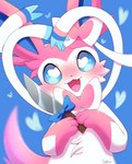 3_fingers ambiguous_gender blue_background blue_eyes blue_inner_ear blush bow_(decoration) bow_(feature) bow_ribbon cheek_tuft colored cute_fangs digital_media_(artwork) ear_bow eeveelution facial_tuft feral fingers front_view fur generation_6_pokemon gloves_(marking) half-length_portrait heart_eyes heart_pupils heart_symbol hi_res holding_knife holding_object kemono knife looking_at_viewer mammal markings monotone_tail multicolored_body multicolored_fur neck_bow nintendo no_sclera open_mouth open_smile paws pink_body pink_ears pink_fur pink_nose pink_tail pokemon pokemon_(species) portrait pupils ribbon_heart ribbons semi-anthro shaded simple_background smile solo sylveon tail tongue tuft two_tone_body two_tone_fur white_body white_fur white_pupils white_ribbon yandere yuni_kemono