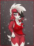 anthro anthrofied border bottomless breasts candy candy_cane canid canine chest_tuft cleavage clothed clothing dessert dunewulff female food generation_7_pokemon genitals hi_res looking_at_viewer lycanroc mammal midnight_lycanroc misleading_thumbnail nintendo nipple_slip nipples pokemon pokemon_(species) pokemorph pussy red_border solo torn_clothing tuft