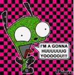 2010s_theme ambiguous_gender black_body blingee_(artwork) blingee_(copyright) checkered checkered_background clothing costume digital_media_(artwork) dog_costume english_text excited fursuit gir_(invader_zim) grandfathered_content happy invader_zim low_res nickelodeon official_art on_model pattern_background simple_background solo text third-party_edit tongue tongue_out toony unknown_artist y2k_(graphic_design)