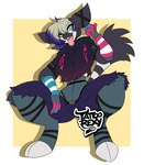 4_fingers anthro armwear black_body bottomwear clothing female fingers generation_9_pokemon grafaiai green_eyes hair jacket legwear nintendo pokemon pokemon_(species) shorts simple_background solo tail tattoorexy tongue tongue_out topwear