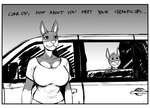 2023 anthro big_breasts border breasts canid canine canis car cleavage clothed clothing comic daniel_porter_jr. digital_drawing_(artwork) digital_media_(artwork) dobermann domestic_dog duo english_text female fur greyscale hi_res hladilnik male mammal monochrome mother_(lore) mother_and_child_(lore) mother_and_son_(lore) offscreen_character parent_(lore) parent_and_child_(lore) parent_and_son_(lore) pinscher shirt smile son_(lore) text topwear tracy_porter vehicle white_border young