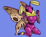 anthro arthropod blue_eyes blush female genitals insect lepidopteran moth mr.pp nude pink_body pinup pose pussy rosy_maple_moth selfie simple_background sitting solo