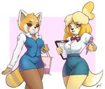 2017 aggretsuko ailurid animal_crossing anthro bag blouse bottomwear bow_(feature) bow_tie breasts canid canine canis cleavage clipboard clothed clothing crossover digital_media_(artwork) dipstick_tail domestic_dog dual_holding duo eyelashes female fur hair handbag hi_res holding_clipboard holding_handbag holding_object holding_pen holding_writing_utensil isabelle_(animal_crossing) legwear looking_at_viewer mammal markings motion_lines motion_outline multicolored_tail nintendo open_mouth open_smile pen pencil_skirt red_panda retsuko sanrio secretly_saucy shih_tzu shirt simple_background skirt smile standing string_bow tail tail_markings topwear tote_bag toy_dog vest writing_utensil