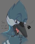 anthro avian beak bird blue_jay cartoon_network corvid dialogue feathers hand_on_beak hi_res jay_(bird) male mordecai_(regular_show) new_world_jay open_mouth oscine passerine regular_show rocketshibaa simple_background solo tongue