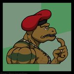 1:1 advice_meme anthro beret big_muscles brown_body brown_scales camo camo_clothing camo_print capitainebyakko clothing dinosaur green_body green_scales hat headgear headwear male meme military_cap military_uniform muscular muscular_male pattern_clothing philosoraptor prehistoric_species red_beret red_clothing red_eyes red_hat red_headwear reptile scales scalie solo striped_body striped_scales stripes theropod tyrannosaurid tyrannosauroid tyrannosaurus tyrannosaurus_rex uniform