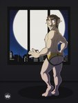 2022 3:4 backlighting bodily_fluids brown_hair city cityscape clothed clothing ear_transformation facial_hair full_moon grin growth hair hand_on_hip hi_res human human_only imminent_transformation jockstrap jockstrap_only light lighting male mammal mid_transformation moon mostly_nude night nipples not_furry rogue_fang sideburns sky3 smile snout snout_growth solo standing topless transformation transformative_clothing underwear underwear_only window zaccoon