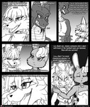 2018 absurd_res anthro breasts canid canine choker clothing comic cross-popping_vein dragon dress english_text female fox group hair hi_res if_hell_had_a_taste jewelry lagomorph leporid male mammal midriff monochrome muscular muscular_anthro muscular_male mythological_creature mythological_scalie mythology navel necklace one_eye_closed open_mouth purse rabbit scales scalie scar shirt skylar_fidchell taffy_(viroveteruscy) text tiffany_brewwer topwear trio url viroveteruscy wink