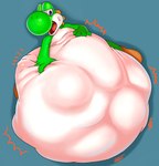 2021 4_fingers ambiguous_gender ambiguous_prey back_spikes belly big_belly boots clothing digital_media_(artwork) dinosaur english_description feral fingers footwear green_body green_yoshi hi_res huge_belly hyper hyper_belly japanese_description looking_at_belly mario_bros multicolored_body nervous_sweat nintendo open_mouth prehistoric_species reptile sabamiso_(sabamasasix) scalie shoes simple_background smaller_pred solo spikes spikes_(anatomy) two_tone_body vore white_body yoshi