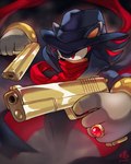 2023 4:5 anthro artist_name bad_trigger_discipline clothing coat cosplay crossover crossover_cosplay dc_comics eulipotyphlan gloves golden_gun gun handgun handwear hat headgear headwear hedgehog male mammal pistol ranged_weapon red_eyes ring ry-spirit scarf sega shadow_the_hedgehog solo sonic_the_hedgehog_(series) topwear trenchcoat vigilante_(dc) watermark weapon white_clothing white_gloves white_handwear