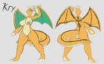 2018 antennae_(anatomy) anthro areola back_tattoo black_text breasts butt claws closed_smile digital_media_(artwork) dragonite english_text female finger_claws front_view generation_1_pokemon genitals green_eyes kry_(latiar) latiar mouth_closed name_drop nintendo nipples nude pokemon pokemon_(species) pokemorph pussy raised_arm rear_view simple_background smile solo standing tail tattoo text toe_claws translucent_tail white_sclera wings