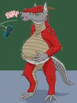 after_vore animal_genitalia anteater anthro anthro_pred belly big_belly biped bodily_fluids burping burping_up_clothing claws clothed clothing costume dragon_costume eblis fatal_vore fully_inside fully_sheathed fur furry_wearing_fursuit fursuit genitals green_eyes hand_on_belly hi_res male male_anthro male_pred mammal markings partially_clothed pilosan red_body red_scales saliva scales sheath solo strega striped_markings striped_tail stripes tail tail_markings unseen_prey vore white_body white_fur xenarthran