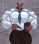 absurd_res anthro belt big_muscles big_pecs blue_eyes bottomwear brown_bottomwear brown_clothing brown_pants bulge clipboard clothing deer eyewear fur glasses hi_res horn huge_muscles hyper hyper_muscles male mammal markings multicolored_body multicolored_fur muscular muscular_anthro muscular_arms muscular_legs muscular_male muscular_thighs necktie nipple_outline pants parttimeyeen_(artist) pecs red_body red_fur shirt solo spots spotted_body spotted_fur tight_clothing topwear white_clothing white_shirt white_topwear